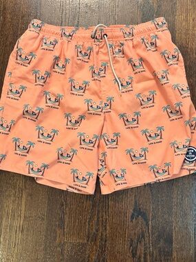 Life Is Good Peach Swim Trunks with Navy & Teal Print